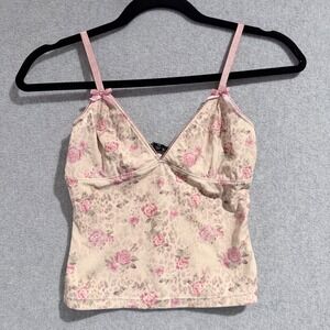 Coquette XS Pink Floral Leopard Camisole V-Neck Lace Bow Cami Top Dollette y2k